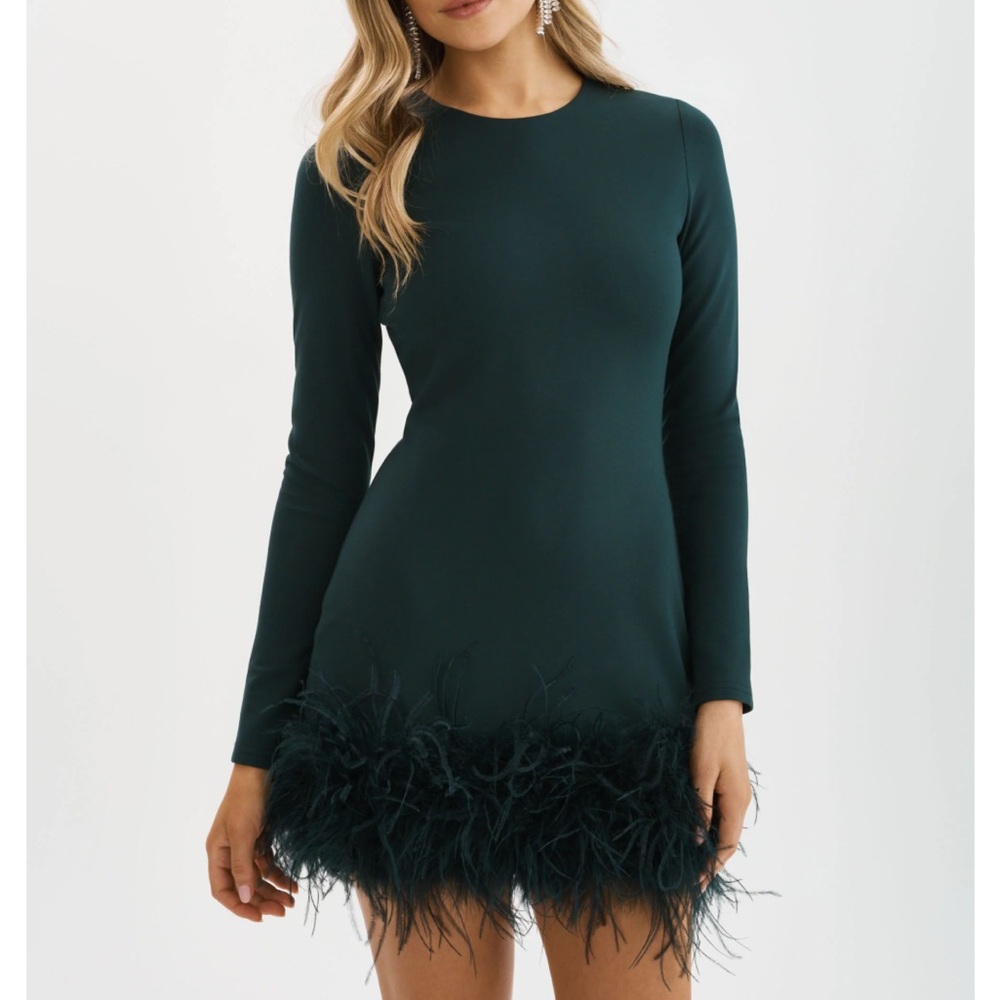 Lamarque Deep Teal Long-Sleeve Feather Hem Dress - Picture 3 of 7